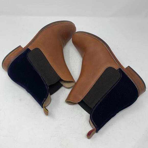 Joules Westbourne Tan Leather Navy Blue Velvet Chelsea Boot US Womens Size 9 - Picture 5 of 9